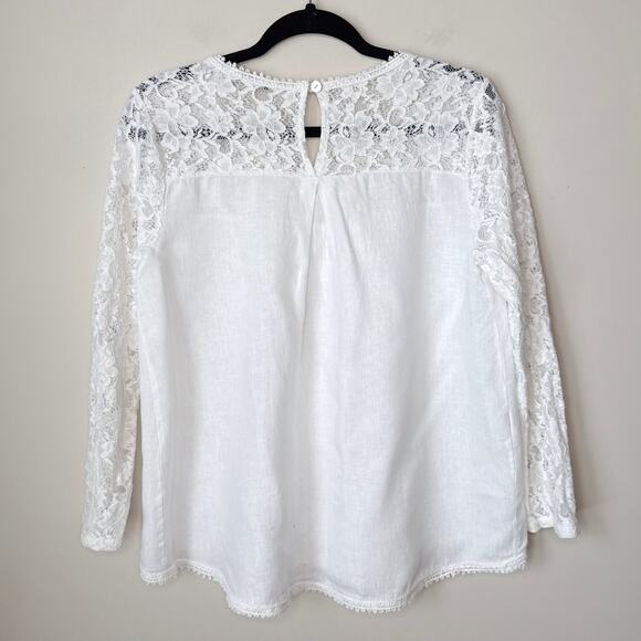 Lungo L'Arno Made In Italy 100% Linen Small Long Sleeve Lace Top Blouse Pintuck - Picture 4 of 11